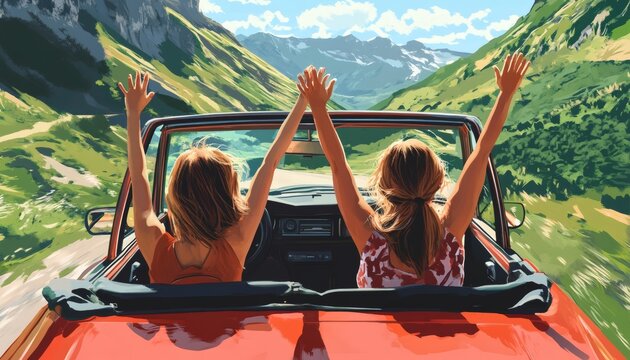 Two women with arms raised are driving in a red convertible through a mountainous landscape.