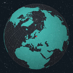 Republic of Estonia on Globe. Vintage look with grunge scratched texture. Country view on world map in Dark Charcoal Turquoise color palette. Estonia shape on map. Globe with meridians and parallels.