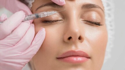 A woman receives a cosmetic injection to enhance her facial features. The practitioner, wearing gloves, carefully administers the treatment in a modern clinic setting, ensuring precision and safety.