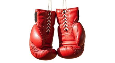 Red boxing gloves hang together on a black background a symbol of a tough fight sportsmanship on transparent background