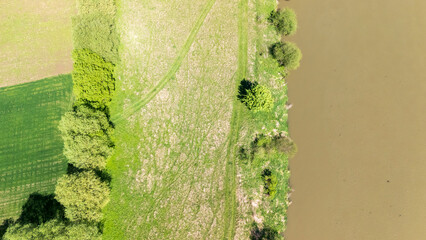 Aerial view of a lush green field bordered by a calm river. The landscape showcases vibrant greenery on one side and smooth water on the other, creating a serene environment.