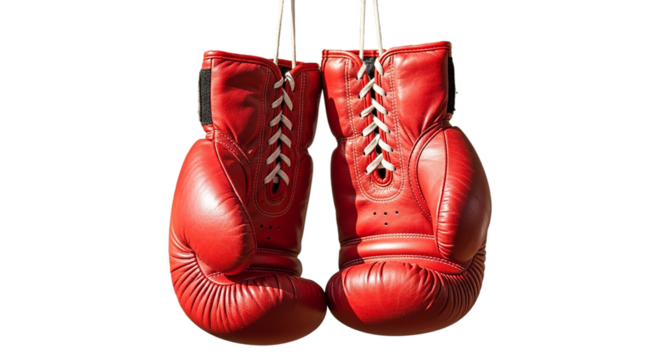 Red boxing gloves hang together on a black background a symbol of a tough fight sportsmanship on transparent background