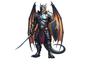 Obraz premium A formidable dragon warrior, clad in detailed plate armor, stands poised with sword and shield, against a stark black background.