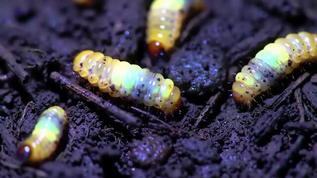 Close-up of several white grubs (insect larvae) crawling slowly on dark