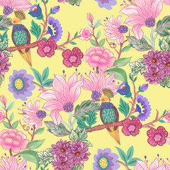 Fototapeta premium Scandinavian animal bird with blooming blossom Ornament Seamless Pattern. Nordic Traditional Cute ornament. Folk watercolor woodland Art