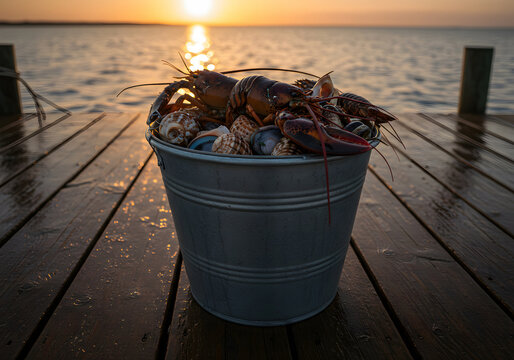   A bucket of fresh shellfish and lobsters