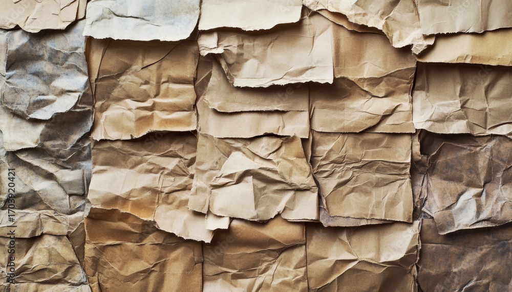 Poster the image shows many pieces of crumpled brown paper layered on top of each other, creating a texture