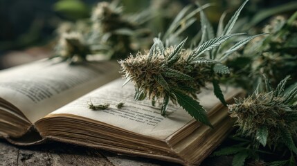 Open book lies on a rustic wooden surface, surrounded by vibrant cannabis plants. Natural light highlights the greenery, creating a tranquil atmosphere for reading.