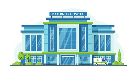 Vector Illustration of Maternity Hospital Building with Stork Emblem and Signage for Maternal Care Services