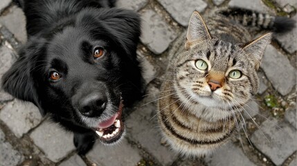 Top-down view of a happy dog and cat looking upwards.