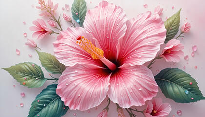 ai generator pink hibiscus flower with water drops in soft pastel tones for wedding invitation card design.