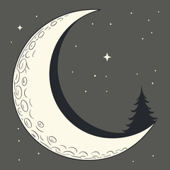 Naklejka premium Crescent Moon with Tree and Stars Night Sky Vector Illustration