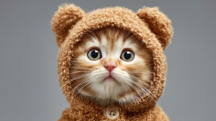 A small orange kitten donned in a soft bear hoodie looks directly at the viewer with wide eyes. Its expression is curious and endearing, capturing a playful moment.
