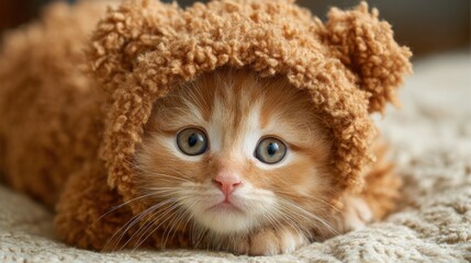 A small orange kitten dressed in a fuzzy bear outfit lies on a soft blanket, with bright eyes gazing curiously. The warm interior creates a comforting atmosphere for the adorable pet.