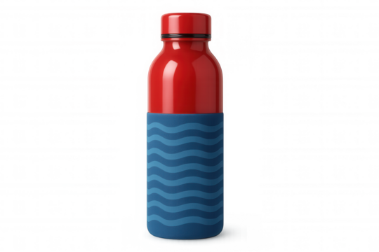 Eco-friendly reusable water bottle, red-capped, blue wave-patterned sleeve, highlighting sustainable hydration against transparent background