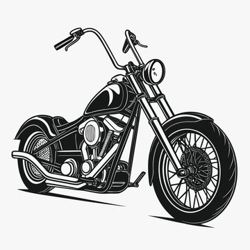 Classic chopper motorcycle illustration in black and white with detailed engine and spoked wheels