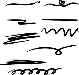 Set of hand drawn pen doodle, scribble, line. Vector illustration design for divider, underline, border, page end decoration, frame