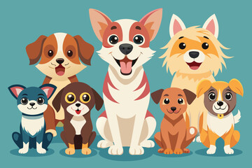 Vector art of group of adorable cartoon dogs of different breeds sitting together and looking happy and friendly on a light blue background