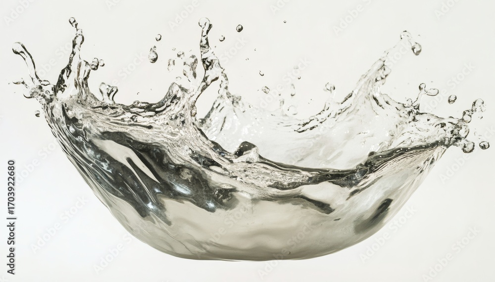 Poster the image shows a close-up view of a water droplet splash against a white background, forming a crow
