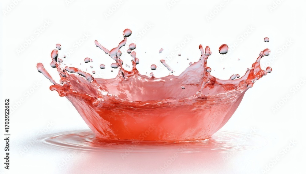 Poster a red liquid is shown splashing, creating a crown-like shape with droplets and ripples on a white ba