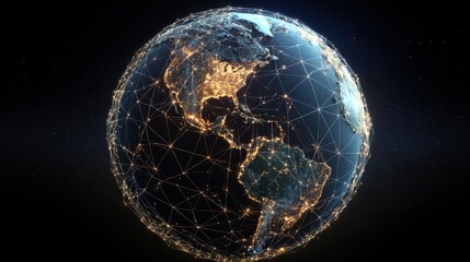 Naklejka premium A digital globe displays illuminated continents with vibrant city lights concentrated across North and South America, showcasing a network of interconnectedness at night.