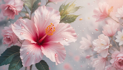 ai generator pink hibiscus flower with water drops in soft pastel tones for wedding invitation card design.