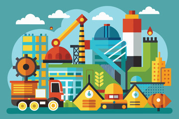 Fototapeta premium Vector art of industrial landscape with factories, buildings, and machinery showcasing the power of modern manufacturing and innovation