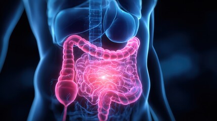 This illustration showcases the human digestive system, emphasizing the stomach, intestines, and associated organs using vibrant colors. The depiction offers a clear view of digestion.