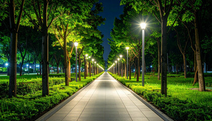 Obraz premium Illuminated pathway at night, lined with trees and streetlights, creating a serene and symmetrical perspective.