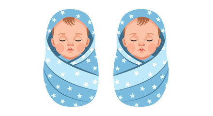 Vector of Twin Babies in Blankets with Closed Eyes