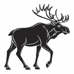 Obraz premium Majestic black silhouette of a bull moose with large antlers walking confidently against a white background representing wilderness and nature