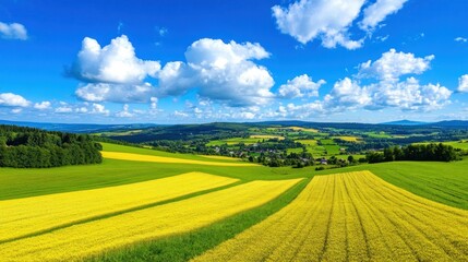 Fototapeta premium Yellow and green fields under a blue sky