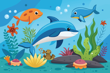 Obraz premium Vector art of cartoon underwater world with dolphins, fish, turtle, starfish, seaweed, and coral on a blue background