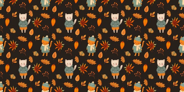 A delightful autumn seamless pattern featuring cute, cartoon cats dressed in sweaters and hats, surrounded by falling leaves, acorns, and berries on a dotted background. The design has a warm and whim
