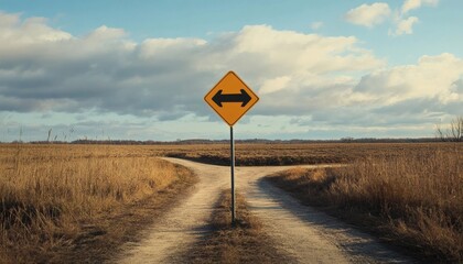 A yellow diamond-shaped sign indicates the split in the unpaved road which goes through the dry, brown grassy field.