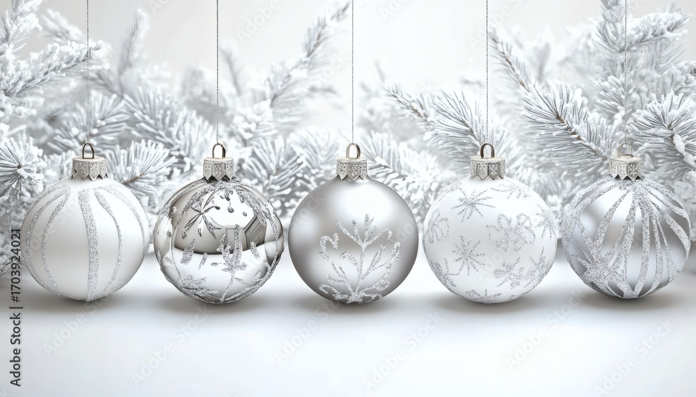 Poster five silver and white christmas tree ornaments with snowflake and swirl patterns hang from thin silv