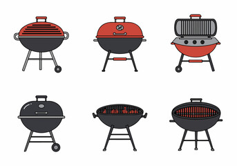 Flat design illustration set of various barbecue grills, including charcoal and gas types, perfect for outdoor summer grilling and cookouts.