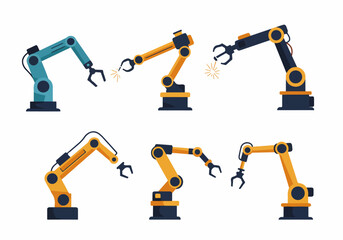 Set of Industrial Robotic Arms in Flat Design, Showcasing Automation, Manufacturing, and Technological Advancement for Modern Production Processes