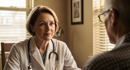 A middle-aged Caucasian woman in a white lab coat with a stethoscope speaks to a senior man with gray hair in a well-lit office setting.