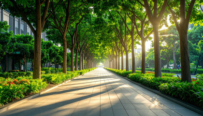 Sunlit pathway lined with lush green trees, creating a tranquil and serene urban oasis.