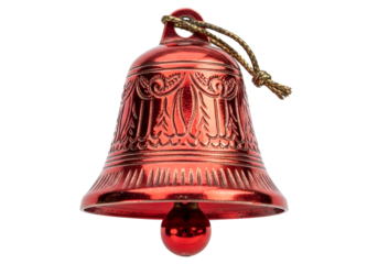 A polished, red metal bell ornament hangs against a black backdrop, decorated with intricate, embossed designs.