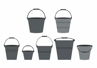 Grey Buckets Collection: Various Sizes and Designs of Empty Metal Pails with Handles, Flat Vector Illustration on White Background.