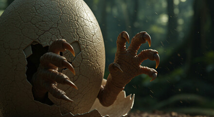 Naklejka premium A powerful prehistoric dinosaur hatchling with sharp claws breaks free from its egg in a lush, ancient jungle environment