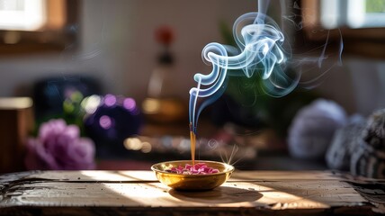 Burning Incense Stick with Rising Smoke  
