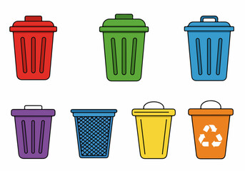 Colorful illustration of various trash cans, waste bins, and recycling containers for garbage disposal and environmental awareness on a white background.