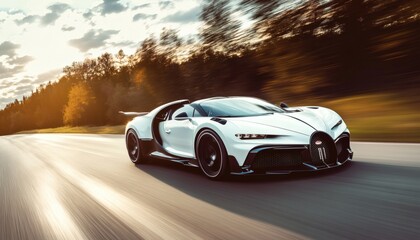 Obraz premium A white supercar with black accents drives quickly down a paved road, passing a lush forest during sunset.