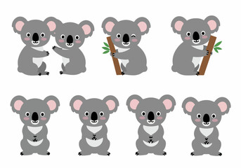 Adorable cartoon koala collection: illustrations of cute koalas in various poses, including hugging, holding eucalyptus, and standing, perfect for kids.
