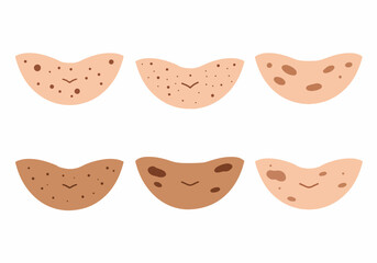 Cute cartoon illustrations of diverse skin tones with various features like freckles, moles, and spots, each smiling, promoting skin positivity and acceptance.