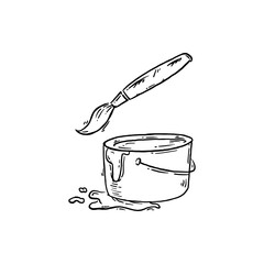 Painting brush bucket handdrawn icon sketch vector illustration