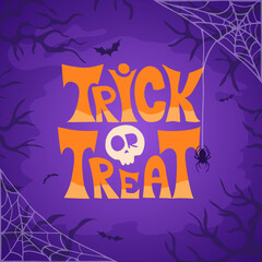 Halloween text with trick or treat phrase in orange letters, spider, skull, bats on dark purple background